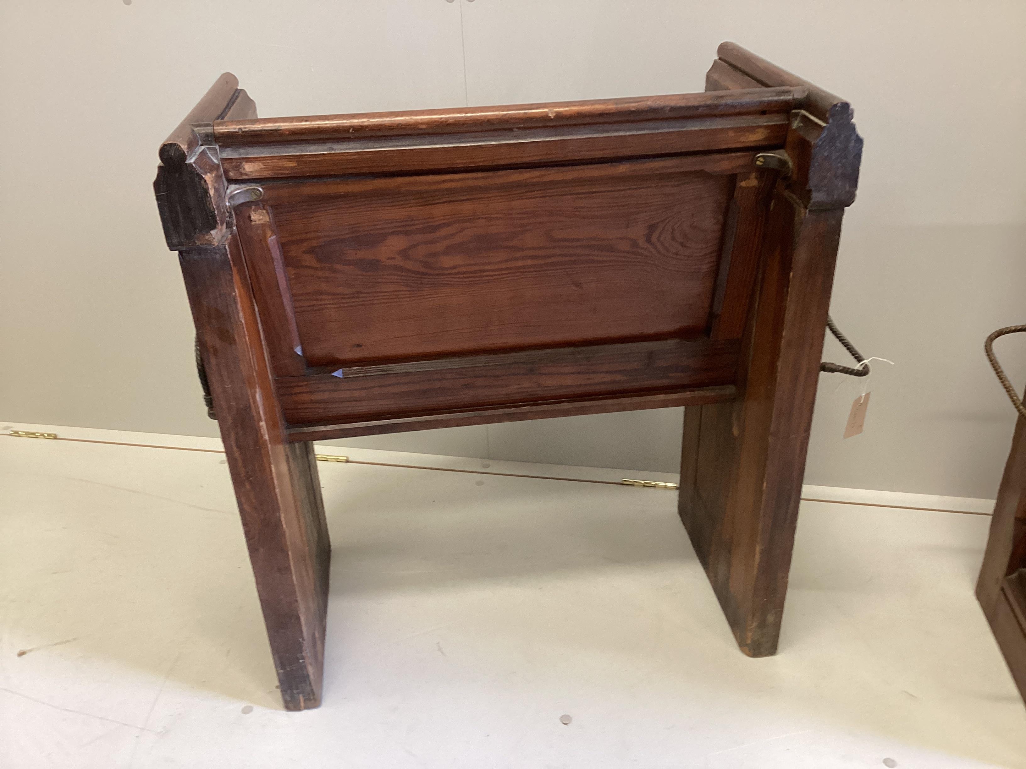 A pair of Victorian pitch pine brass mounted pew seats, width 78cm, depth 48cm, height 83cm